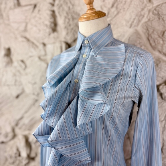 Ralph Lauren Blue Label Ruffle Button Down Shirt Ocean Air Blue Stripe | 4 - Picture 2 of 5